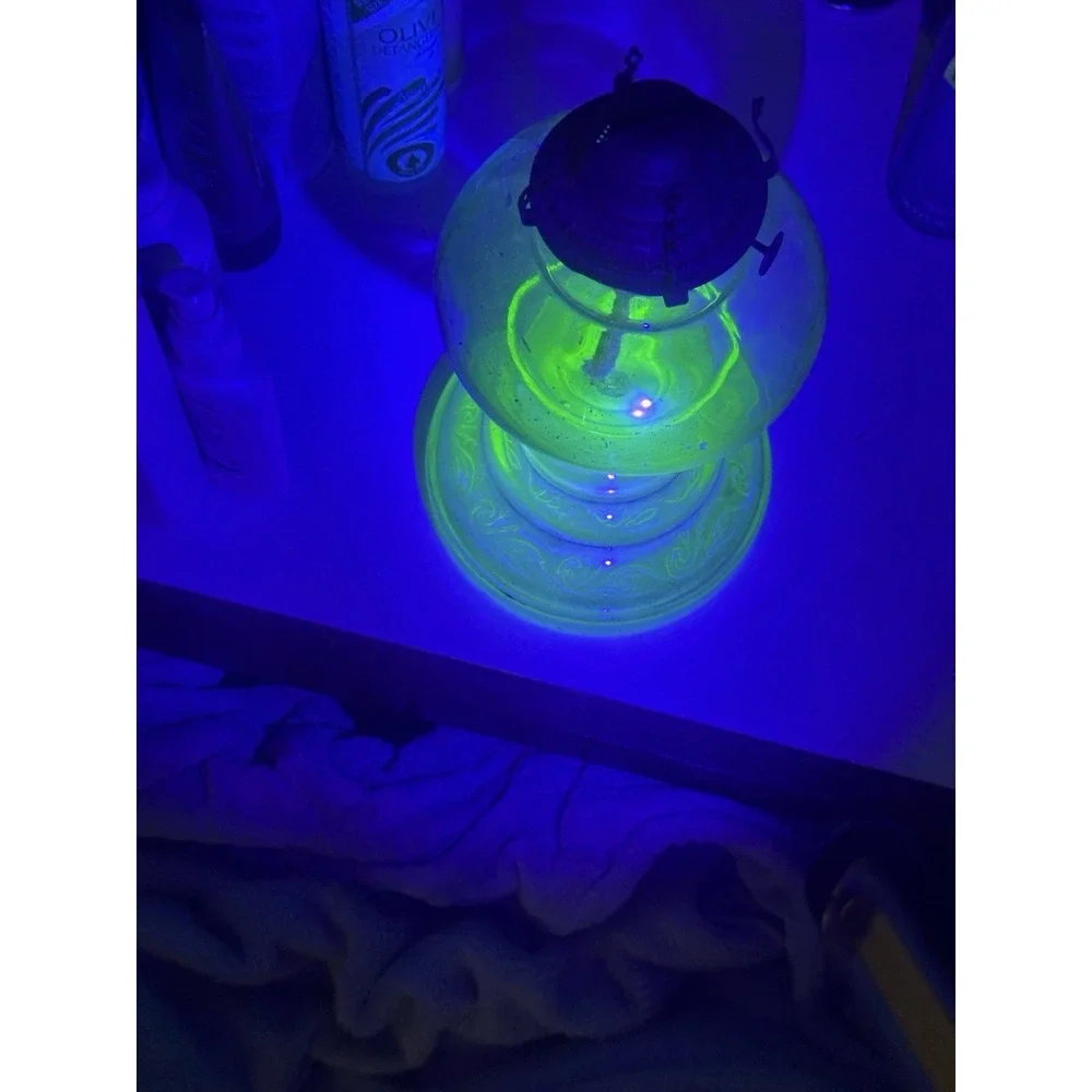 Antique Uranium Glass Depression Glass Oil Lamp W/Wedding Scroll Pattern 20